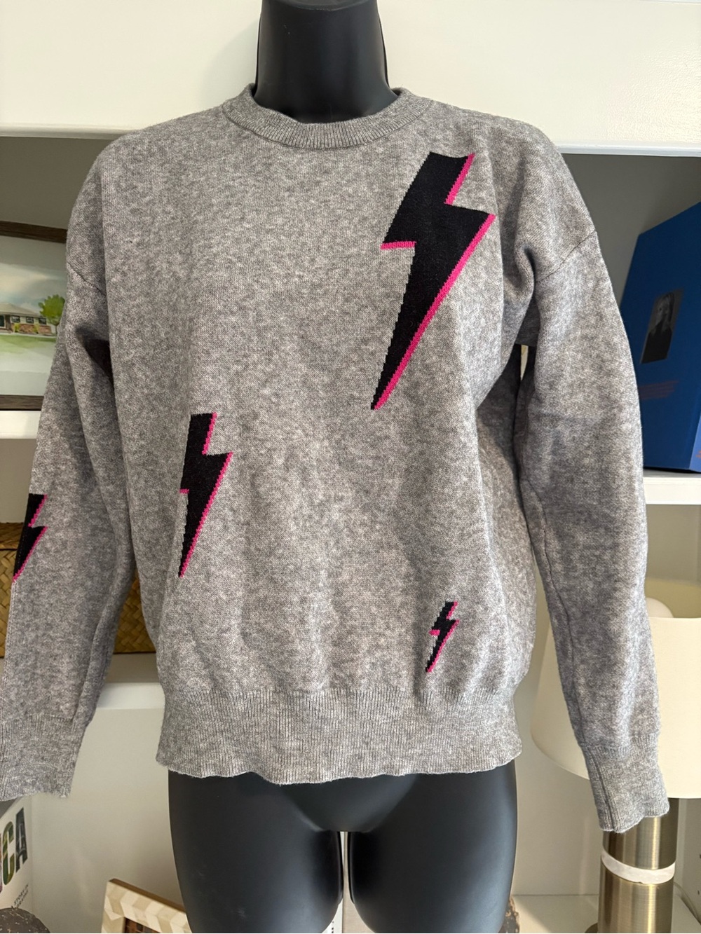For The Republic Gray Crewneck Sweater with Black & Pink Lightning Bolts